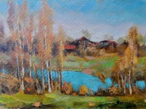 35. В. Н. Решитов, "Деревня у Ярославля", масло/картон, 14х19см., 2013 г. 
