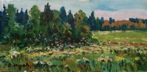 37. Лев Журавлёв, "Цветущий луг", картон/масло, 19х39,5см., 2001г.