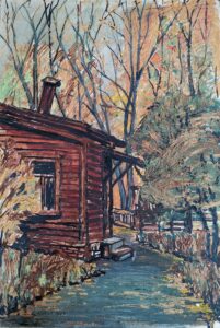 65. В.М. Мухар,"Старая Москва. Дворик в переулке", темпера, тушь/бумага, 55х32см, 1960-1962гг.