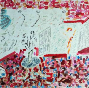 4. "Малиновый интерьер", масло/картон, 50,5х52см, 1980-тые года. — место: Дом Творчества Романово.