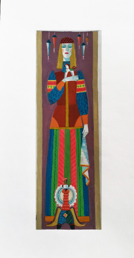 19. "Театральный костюм ХХ", 1980-2000/проект/Шоу "Новые Русские Скоморохи", гуашь, темпера/бумага, 38,5х19,5см.