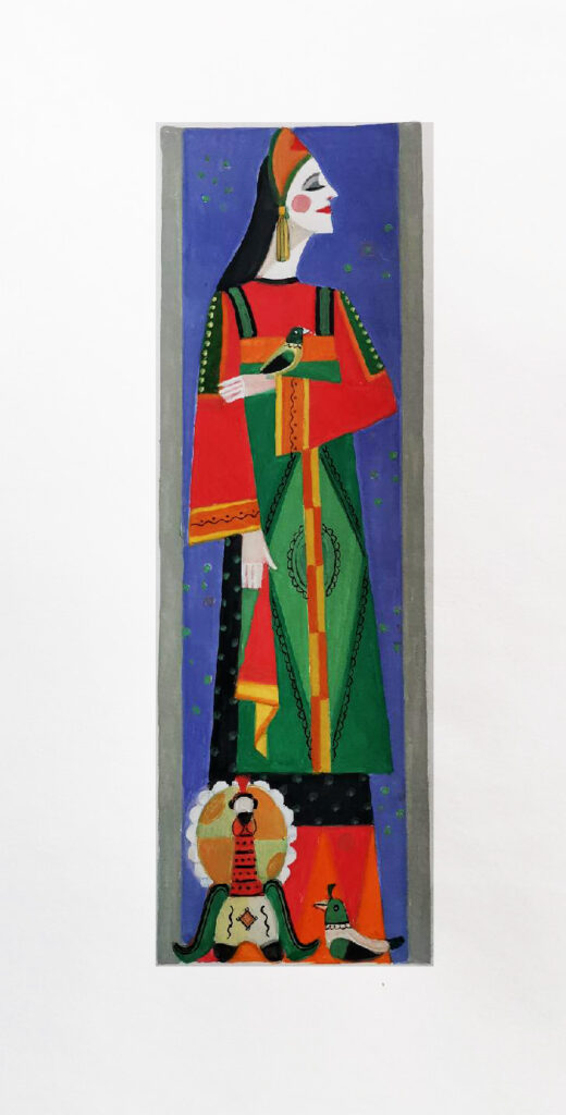 21.Эскиз театрального костюма, 1980-2000, Народный Театр Ларисы Левицкой /проект/ "Скоморохи. Праздник на Руси", гуашь/бумага, 38,5х20,5см.