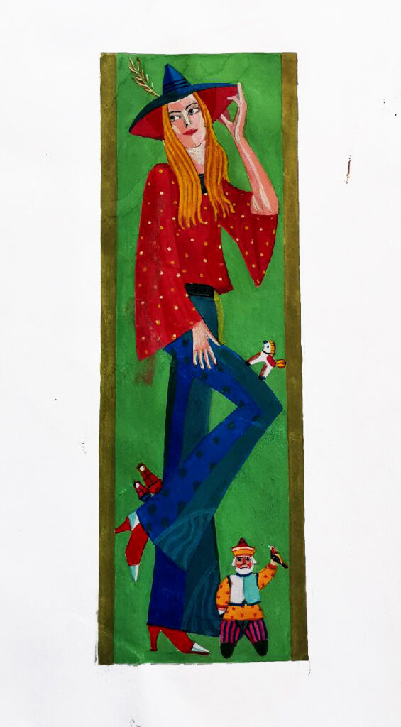 35. Эскиз театрального костюма, 1980-2000, Шоу "Новые Русские Скоморохи", проект для гастролей Москва-Санкт-Петербург, гуашь, темпера/бумага, 39х20см.